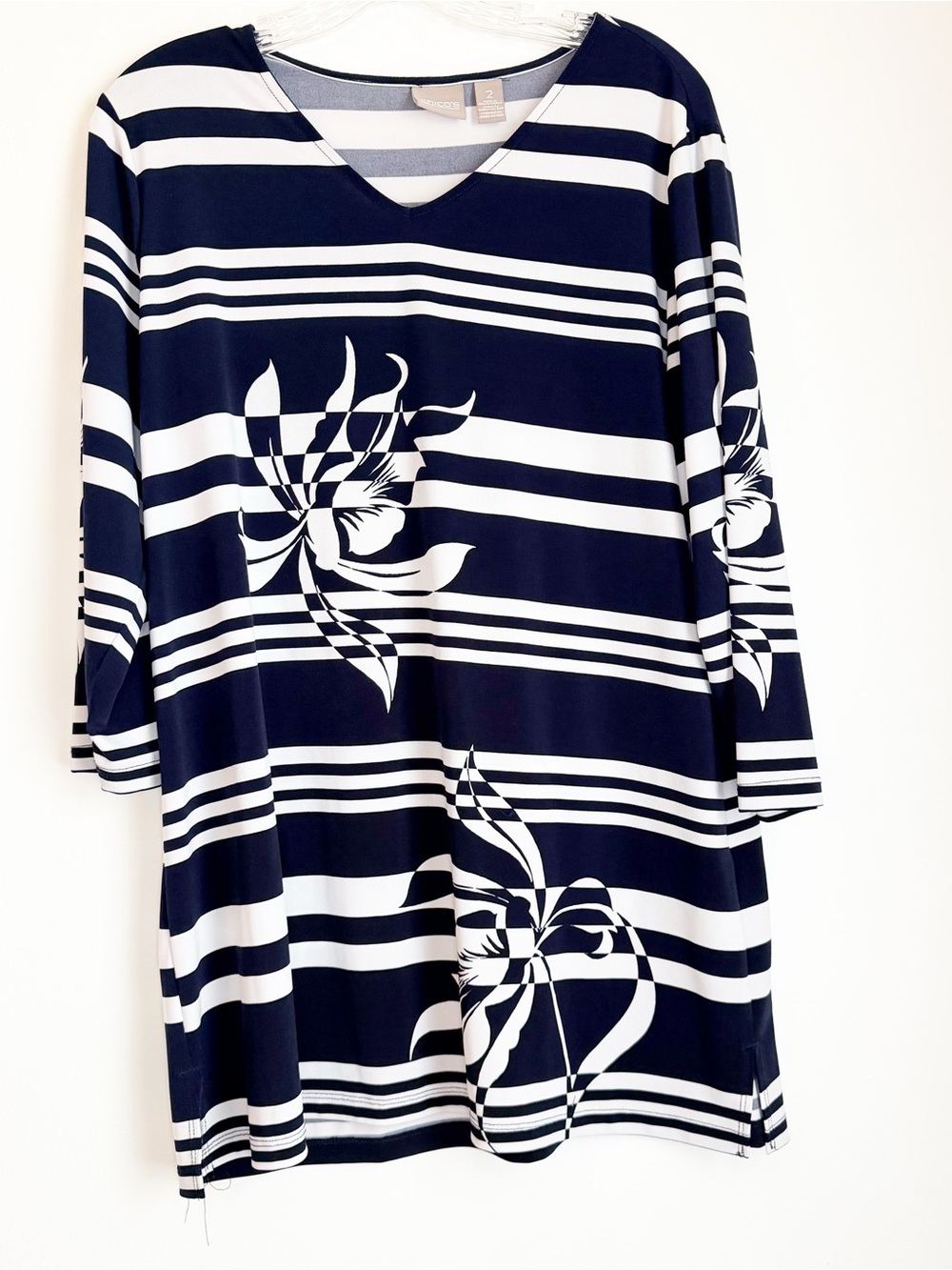 Chico's Blue/Black and White Striped Floral Graphic Tunic Top